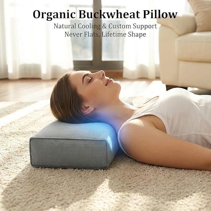 Buckwheat Pillow & Cervical Pillows for Sleeping (21x8x3inch) 100% Organic Coarse Cloth Package w Organic Buckwheat Hulls, Natural Cooling Technology and Relieve Cervical Pain. (C-Gray)