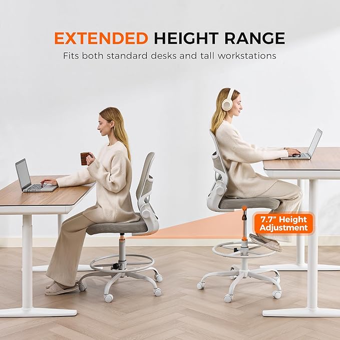 Drafting Chair Armless, Tall Office Chair with Adjustable Foot Ring and Lumbar Support, Ergonomic Mesh High Desk Chair for Standing Desk, Black