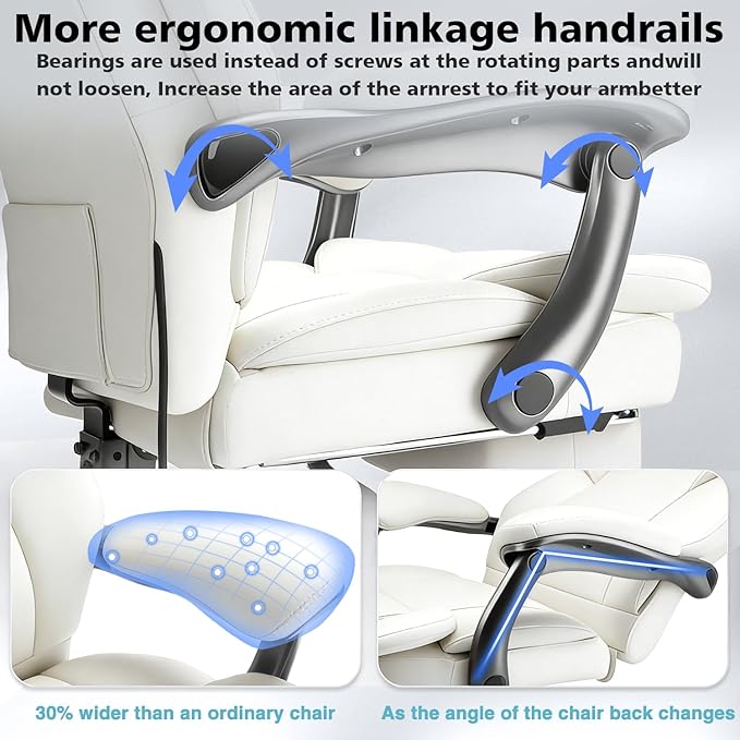 WAILOR 600lbs Big and Tall Office Chair for Heavy People,Heavy Duty Comfy Executive Office Desk Chair with Adjustable Lumbar Support,High Back Reclining PU Leather Computer Chair (Classic, White)