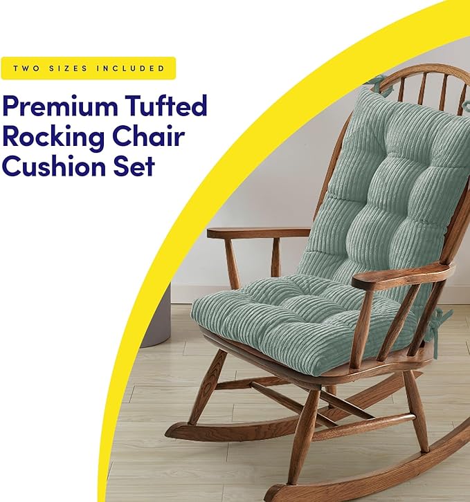 Rocking Chair Cushion Premium Tufted Pads Non Skid Slip Backed Crushed Velvet Cover Set of Upper and Lower with Ties, 21 in x 17 in | 17 in x 17 in, Velvet Mint