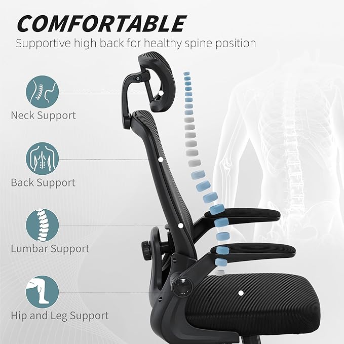 HOMCOM Office Chair, High Back Desk Chair with Flip-up Armrest, Rotatable Headrest, Tilt Function, Adjustable Lumbar Support, Swivel Wheels for Home Study, Black