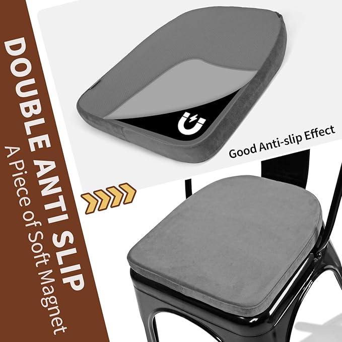 SINOSSO Kitchen Magnetic Metal Chair Cushions Set of 4, 14" Luxury Velvet Memory Foam Seat Pads for Cafe Stackable Chair (U-Shape, Gray, 4)