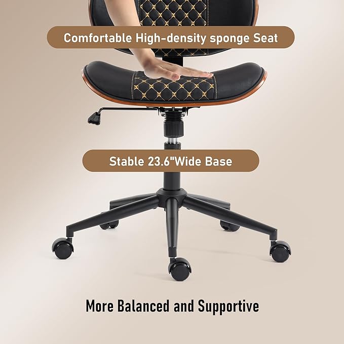 Modern Walnut Home Office Chair with Wheels, Executive Office Desk Chair No Arms, Adjustable Height Small Desk Chair, Comfy PU, Deeper Cushion, Mid Back 360 Swivel Computer Chair, Black-Embroidery