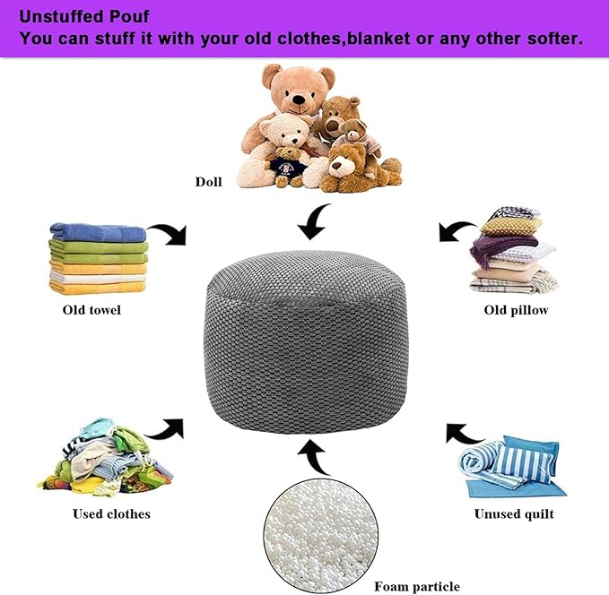 Poofieotto Unstuffed Pouf Ottoman Cover Handmade Footstool Ottoman Storage Solution Floor Pouf Footrest Cushion 20Diameterx12Height Inches for Living Room Wedding Dark Gray