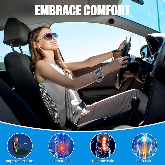 Lumbar Support Pillow with Diamond, Memory Foam Lumbar Pillow for Office Chair for Lower Back Pain Relief, Car Lumbar Support for Driving Seat, Back Support Pillow for car Chair (Green)