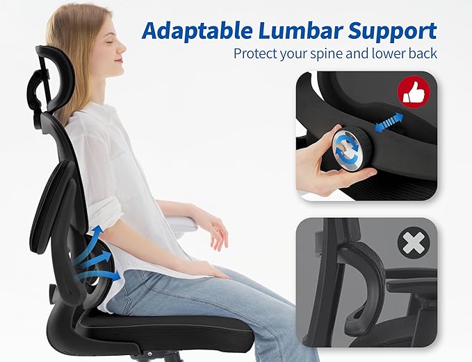 TRALT Ergonomic Office Chair - Desk Chair with Adjustable Headrest Lumbar Support Computer Chair - Mesh Comfy Chair with Flip-up Armrests - Gaming Chair for Adults Home Office PU, Black, Pack of 4