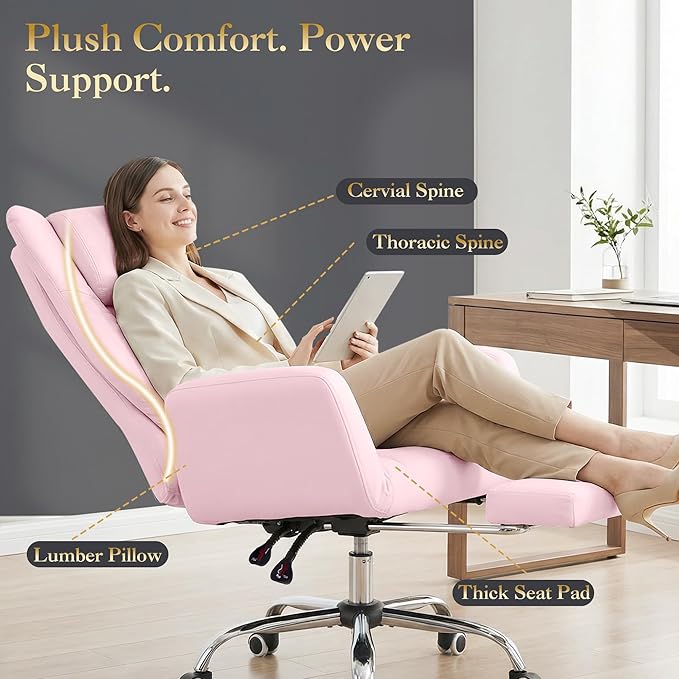 High Back Executive Office Chair with Footrest, Reclining PU Leather, Lumbar Support, Criss Cross Style, 155° Recline, Black (Pink)