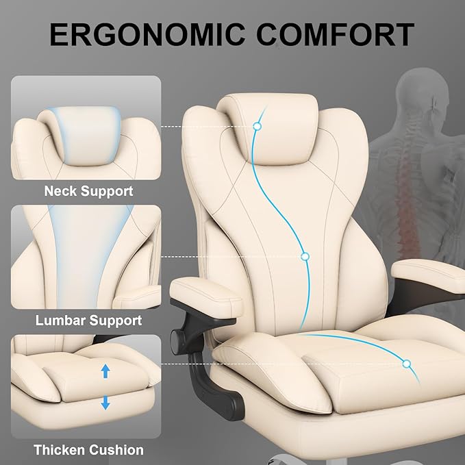 Office Chair, Home Desk Chair, Ergonomic Computer Chair with Lumbar Support, Executive Leather Chair with Flip-Up Armrests, Big and Tall Swivel Rolling Chair, Beige
