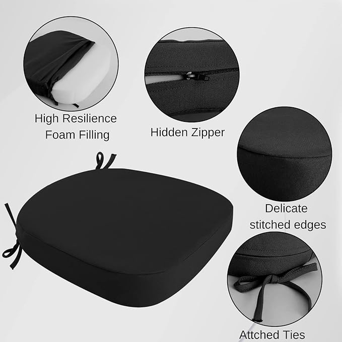 idee-home Outdoor Chair Cushions Set of 2, 19" x 19" Thick D-Shaped Patio Furniture Outdoor Seat Cushions Waterproof with Ties, Dining Pads