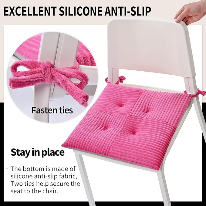Office Stacking Chair Cushion with Ties, Corduroy High Density Foam Non-Slip Kitchen Seat Cushion, Square 17" x 17" Indoor Dining Chair Pads, Pink, 1 PCS