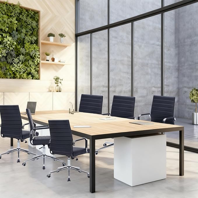 Black Modern Mid Back Office Desk Chair, PU Leather Ribbed Ergonomic Executive Conference Chair with Wheels, Adjustable Swivel Task Chair with Arms