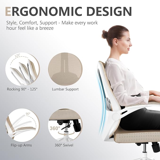 350 LBS Ergonomic Office Computer Mesh Chair - Adjustable Height Rolling Desk Chair with Flip-Up Armrests & High Back Support - Comfortable Swivel Task Chair for Home Office (02KHAKI)