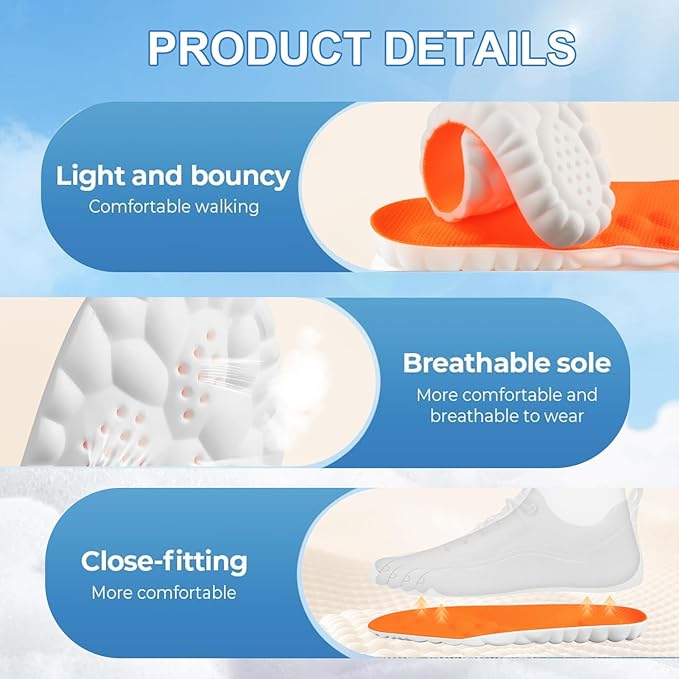 4D Cloud Insoles for Men Women, Breathable Memory Foam Cloud Massage Insoles, Enhanced Arch Support & Cushioned Comfort,Relief Foot Pain,Fits All Shoe Types(2 Pairs-Black, Men 9-10/Women 11-12)