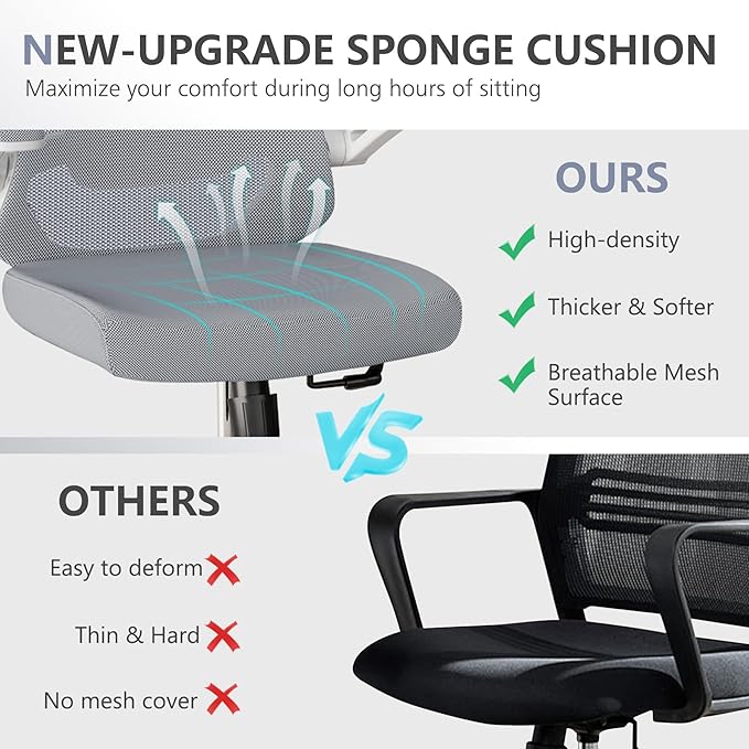 350 LBS Ergonomic Office Computer Mesh Chair - Adjustable Height Rolling Desk Chair with Flip-Up Armrests & High Back Support - Comfortable Swivel Task Chair for Home Office (03grey)