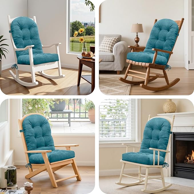 Rocking Chair Cushion - Velvet Fabric, High-Density Sponge, Durable Comfort Non-Slip Bottom Tufted Seat Pads with Ties, Velvet︱Blue, 44x19x4 inch