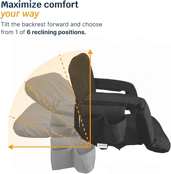 Alpcour Stadium Seats with Back Support for Bleachers – Wide Bleacher Chairs with Thick Padded Cushion, Armrests, Side Pockets, & Shoulder Straps – Best Portable Seat Chair for Sports Events