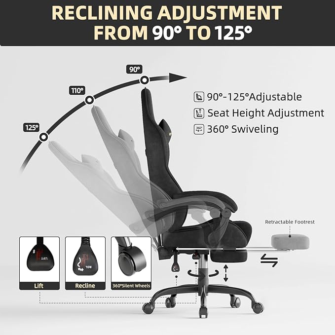 Ferghana Velvet Fabric Ergonomic Gaming Chair with Footrest and Massage, High Back Reclining Computer Gamer Chair for Adult, Racing Style PC Video Game Chair Suitable for Home Office (Black)