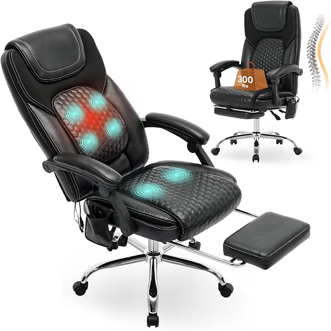 MALOL Massage Office Chair with 3-Level Heat and Footrest – 20-Min Easy Assembly, 300 lbs Big and Tall Reclining Desk Chair, PU Leather Ergonomic Executive Computer Chair with Side Pocket, Black