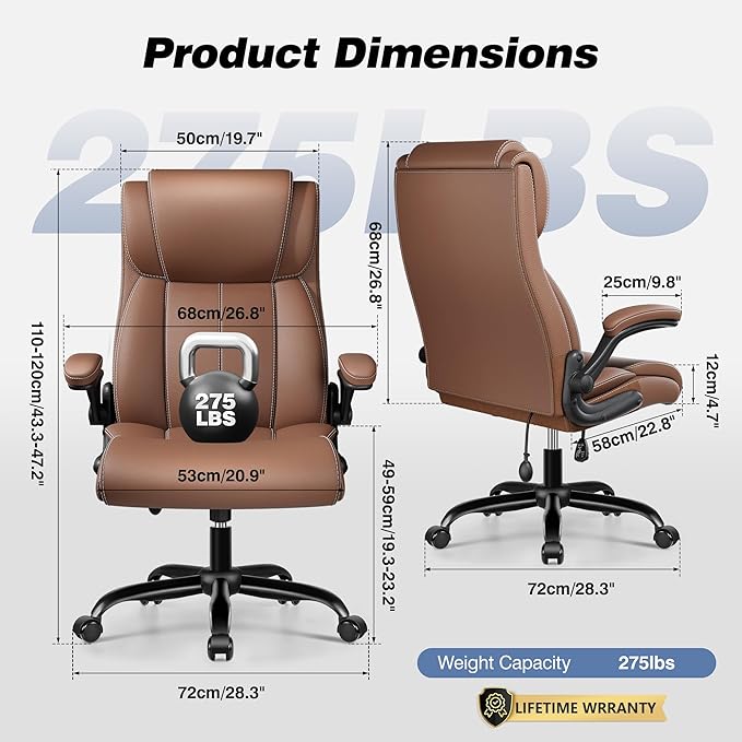 BESTFAIR Ergonomic Office Chair - Desk Computer Chair, Leather High Back Executive Chairs with Adjustable Lumbar Support & Flip Up Arms, Brown 6 Pack