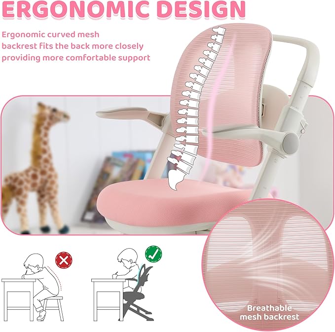 ERIYA Kids Desk Chair,Ergonomic Chair: Breathable Mesh Back, Adjustable Seat, Flip-Up Armrests, Footrest, Lumbar | Ideal for Kids, Petite Adults – Ultra-Comfy for Study/Work (Pink)