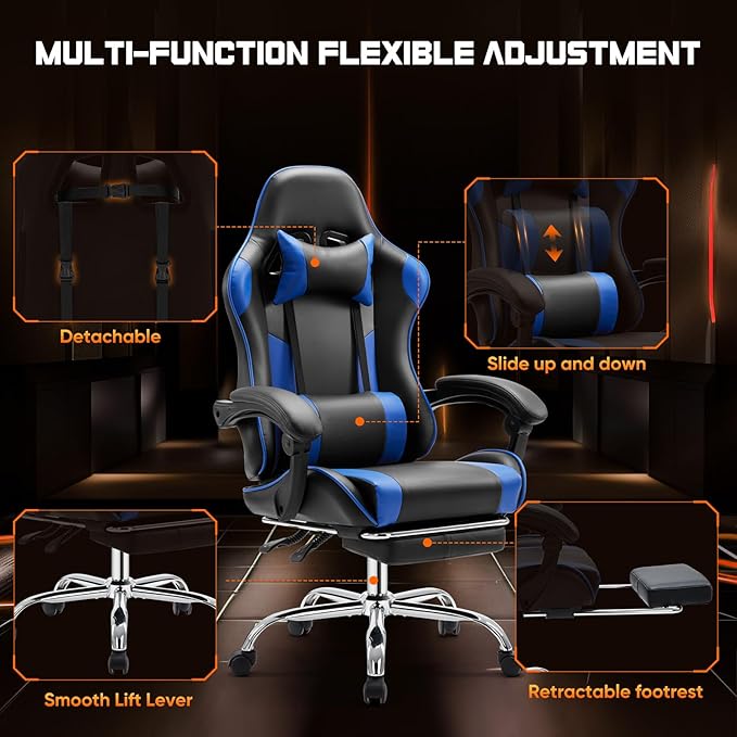 Sweetcrispy Video Game Desk Chair - Ergonomic Computer with Footrest and Comfy Lumbar Support, PU Leather Recliner with Headrest, Fixed Up Armrest, Height Adjustable with 360° Swivel, for Adults, Blue
