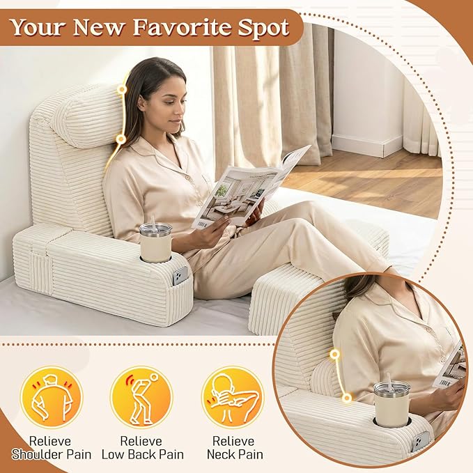 Reading Pillow/Backrest Pillow with Arms, Cup Holder & Phone Pocket - Bed Rest Pillow with Adjustable Headrest, Corduroy Fabric for Back Support in Bed/Sofa/Floor (Off-White, 19 INCH)