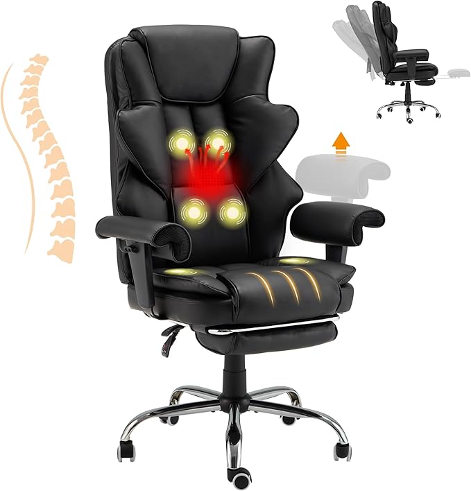 HOMREST 6-Point Massage Office Chair,Heating Executive Chairs,Ergonomic Home Office Desk Chairs with Retractable Footrest and Reclining Function,Leather Computer Chair with Adjustable Armrest(Black)