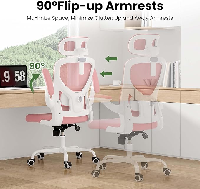 Ergonomic Mesh Office Chairs with Lumbar Support and Adjustable Headrest, High Back Comfortable Computer Desk Chair with Wheels and Armrests, Home Office Rolling Gaming Chair, Max Load 350 lbs (Pink)