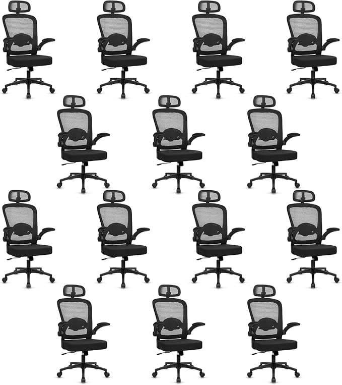 KLASIKA Desk Chairs with Wheels, Ergonomic Mesh Back Home Office Chair with Headrest, Adjustable Lumbar Support Swivel Rolling Computer Chairs Flip Up Arms for Conference Meeting Room, Black, 14PK
