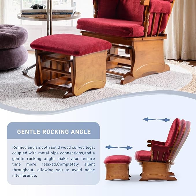 Glider Rocking Chair with Ottoman Set, Solid Wood Nursery Glider Rocker with Thick Padded Cushion, High Back Upholstered Swivel Glider for Living Room, Nursing, Reading, 280LBS Weight Capacity,Oak+Red