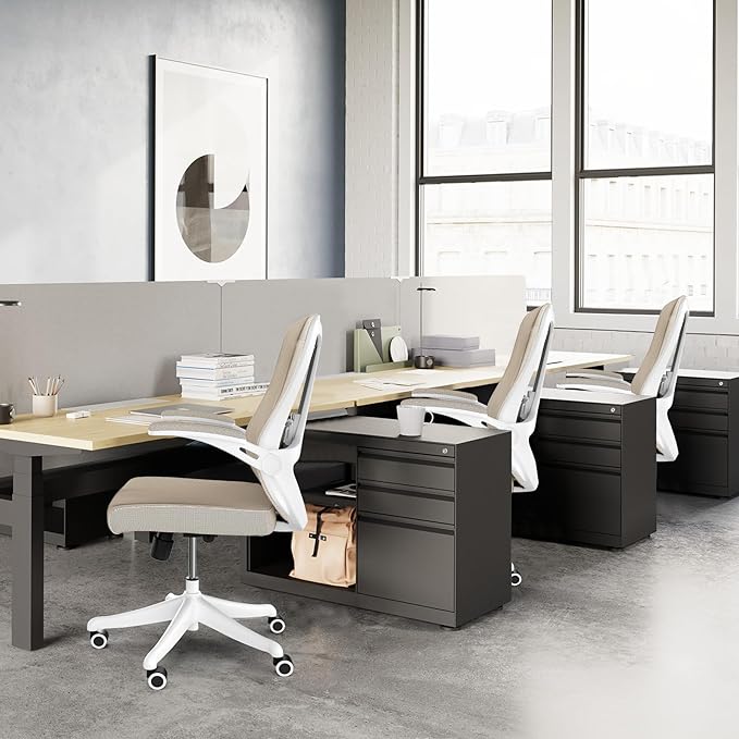 350 LBS Ergonomic Office Computer Mesh Chair - Adjustable Height Rolling Desk Chair with Flip-Up Armrests & High Back Support - Comfortable Swivel Task Chair for Home Office (02KHAKI)