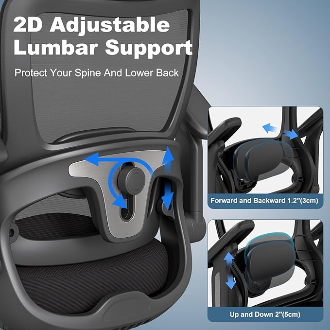 Ergonomic Office Chair, Home Computer Chair with 3D Adjustable Headrest and 4D Flip-Up Armrests, Adjustable Lumbar Support, Suitable for Office and Study, 8PC, Black