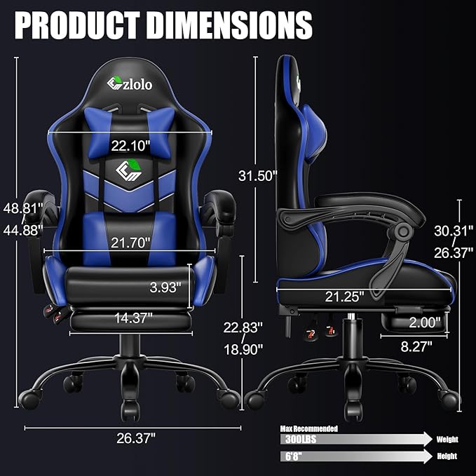 Czlolo Gaming Chair with Footrest Racing Style Lumbar Support Massager Video Game Chair with Metal Legs, High Back Gamer Chair with Headrest, 360° Swivel Office Computer Desk Chair, Bright Blue