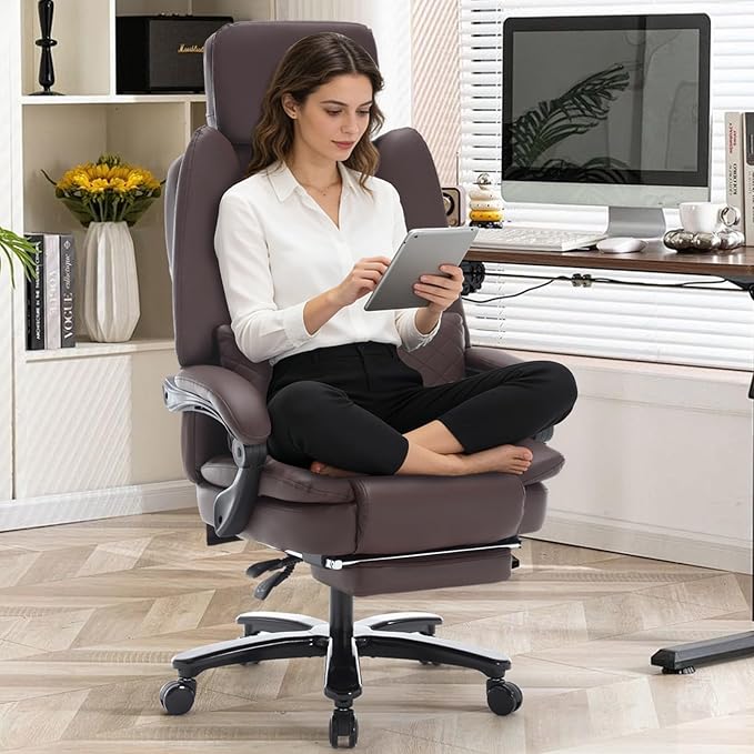 500lbs Plus Size Office Chair with Lumbar Support, PU Leather Big and Tall Heavy Duty Reclining Office Desk Chair with Foot Rest, Brown