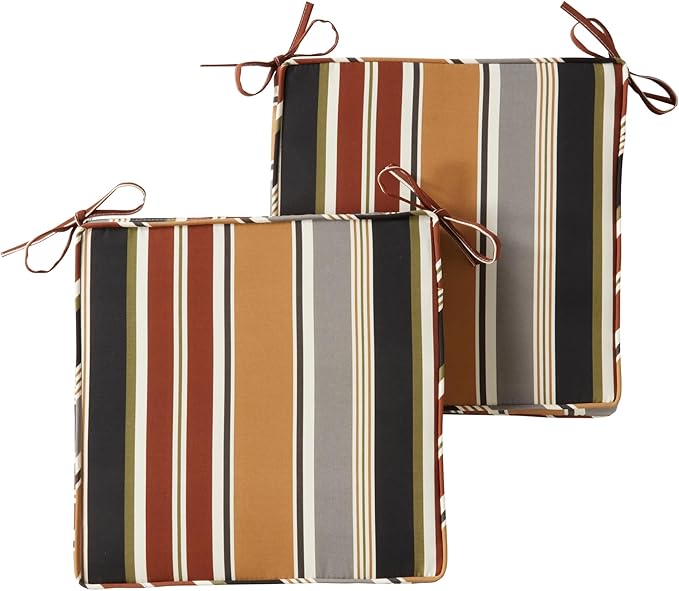 Outdoor 18 inch Square Patio Dining Chair Pads – Comfortable Fiber-Filled Seat Cushions with Ties, Reversible Polyester Fabric - Brick Stripe, Set of 2