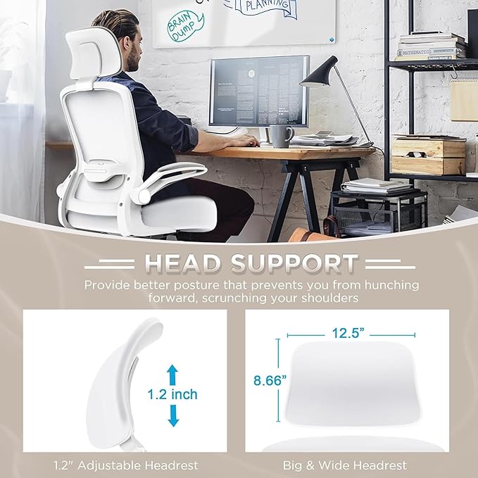Mimoglad Office Chair, High Back Ergonomic Desk Chair with Adjustable Lumbar Support and Headrest, Swivel Task Chair with flip-up Armrests for Guitar Playing, 5 Years Warranty