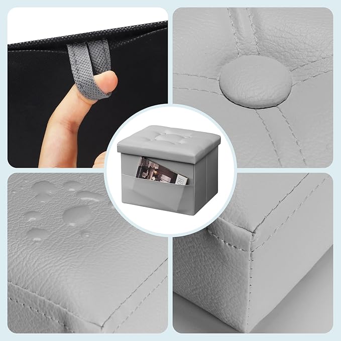 Bsketa Storage Ottoman Foot Rest Stool, Small Leather Storage Ottomans Bench, Folding Footstool with Side Pockets, Foot Rest Under Desk for Living Room Bedroom, 16x12x12 in, Grey