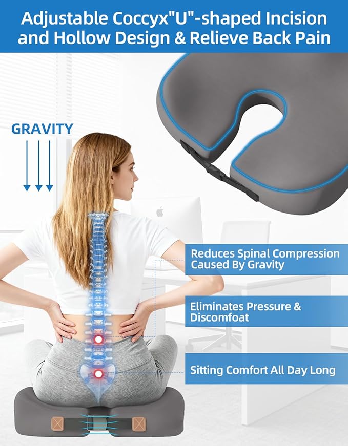 Extra Dense Orthopedic Seat Cushion, Ergonomic Memory Foam Seat Cushion for Office Chair，Desk Chair，Car，Wheelchair, Tailbone Hip Sciatica Pain Relief Cushion for Long Sitting（Grey）