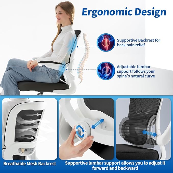 TRALT Drafting Chair - Tall Office Chair with Adjustable Footrest Ring and Lumbar Support Ergonomic Tall Desk Chair - Mesh Stangding Desk Chair with Flip-Up Armrests for Home and Work (Black White)