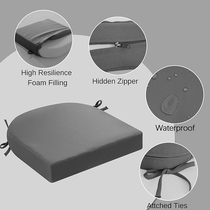 idee-home Outdoor Chair Cushions Set of 4, Thick 19" x 19" x 2" Outdoor Seat Cushions Patio Furniture Waterproof with Ties, Dining Pads