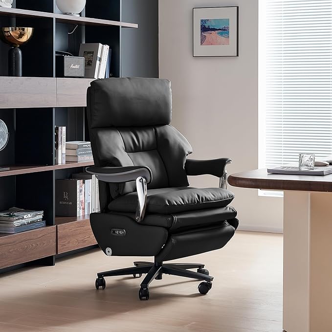 EMIAH Ergonomic Office Chair with Foot Rest Electric Executive Office Chair Reclining with Massage Big and Tall High Back Computer Chair with Wheels, Sustainable Leather（Black）