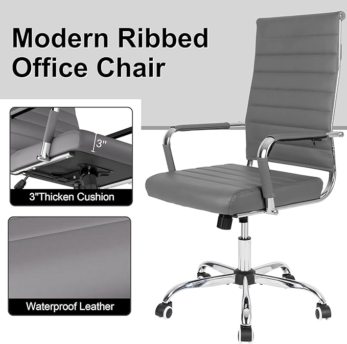 Okeysen Office Desk Chair, Ergonomic Leather Modern Conference Room Chairs, Executive Ribbed Height Adjustable Swivel Rolling Chair for Home Office