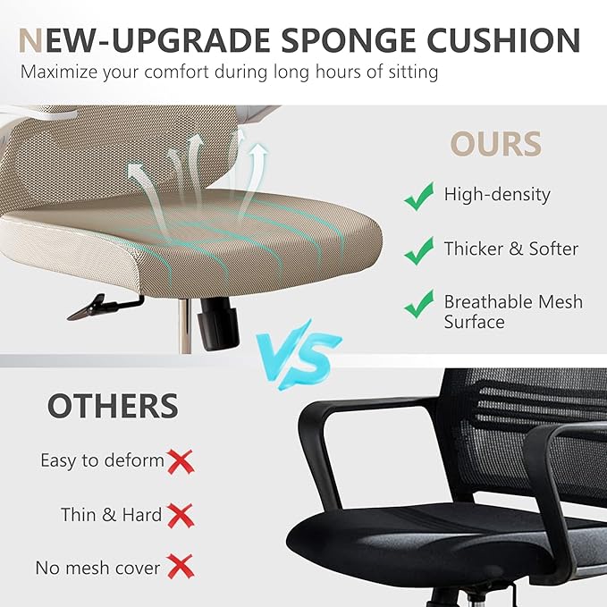 350 LBS Ergonomic Office Computer Mesh Chair - Adjustable Height Rolling Desk Chair with Flip-Up Armrests & High Back Support - Comfortable Swivel Task Chair for Home Office (02KHAKI)