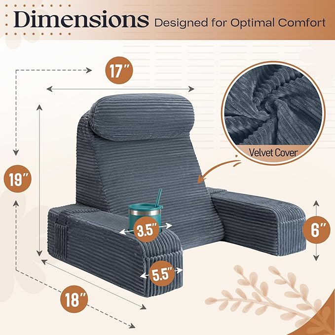 Reading Pillow/Backrest Pillow with Arms, Cup Holder & Phone Pocket - Bed Rest Pillow with Adjustable Headrest, Corduroy Fabric for Back Support in Bed/Sofa/Floor (Gray, 19 INCH)