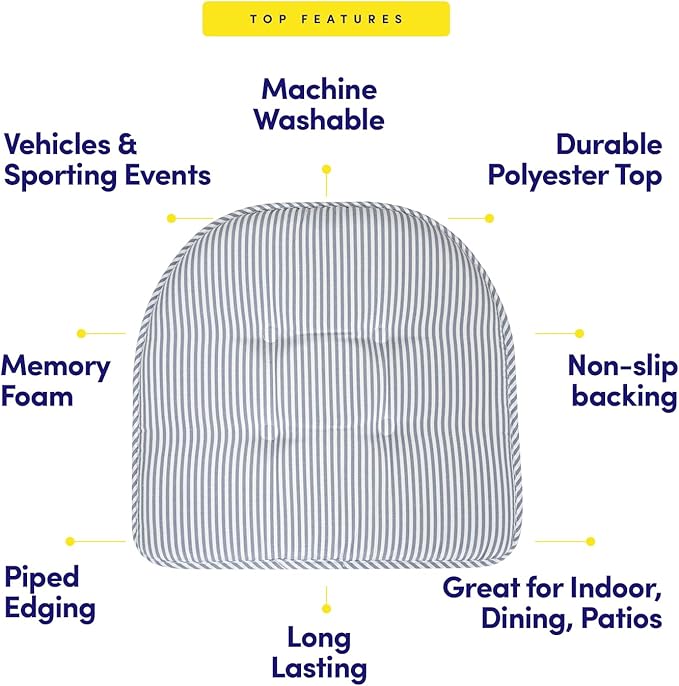 Sweet Home Collection Chair Cushion Memory Foam Pads Tufted Slip Non Skid Rubber Back U-Shaped 17" x 16" Seat Cover, 6 Count (Pack of 1), Pinstripe Blue