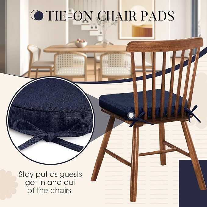 Basic Beyond Memory Foam Dining Chair Cushions, 6 Pack - Navy, 16 x 16 inches, Slip Resistant with Ties, Indoor Use, Modern Style, Resilient