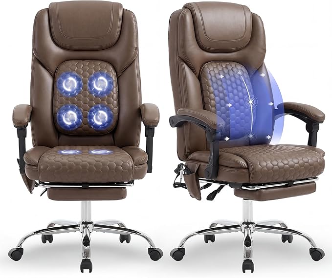 MALOL Massage Office Chair Set of 2 with Heat and Footrest - 3-Level 65°C Targeted Heating, 20-Min Assembly Leather Desk Chair, Big and Tall Executive Computer Chair with Side Pocket, 300 lbs, Brown