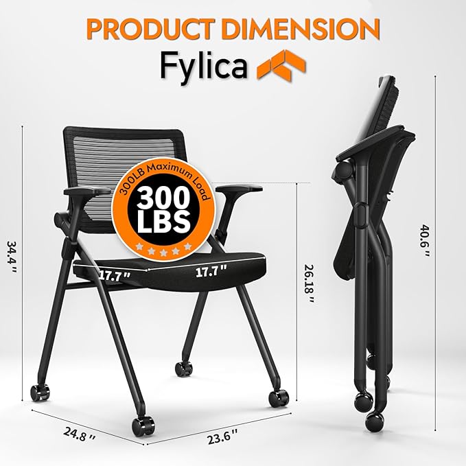 Foldable Office Chair Set of 2 with PU Wheels Ergonomic Mesh Bouncing Back, Stackable Conference Room Chair, Office Guest & Reception & Meeting Chair (Black)