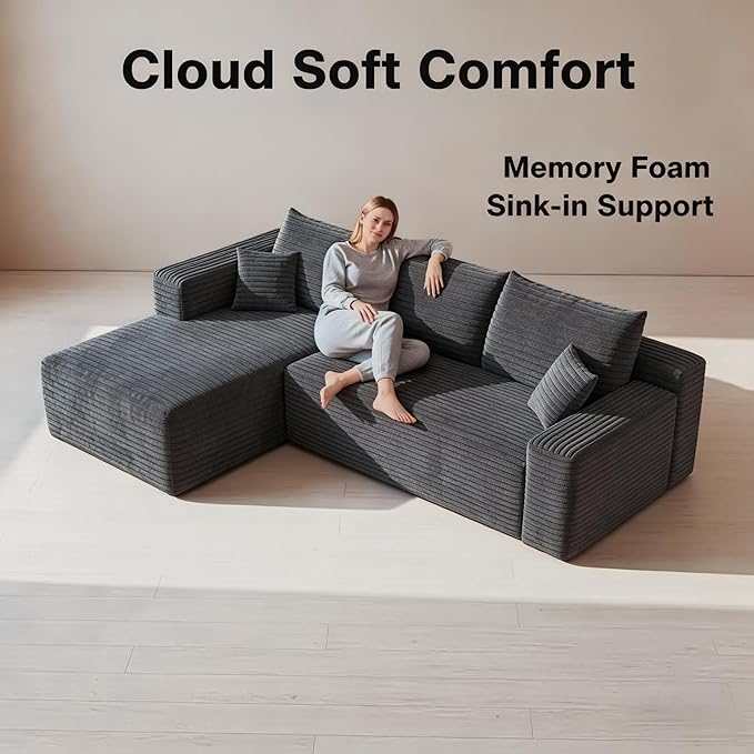 94" Darkgrey Boneless Couch with Left Facing Chaise for Living Room,Corduroy L-Shaped Sectional Couches,Compressed Memory Foam Cloud Sofa,No Assembly Required,Darkgrey