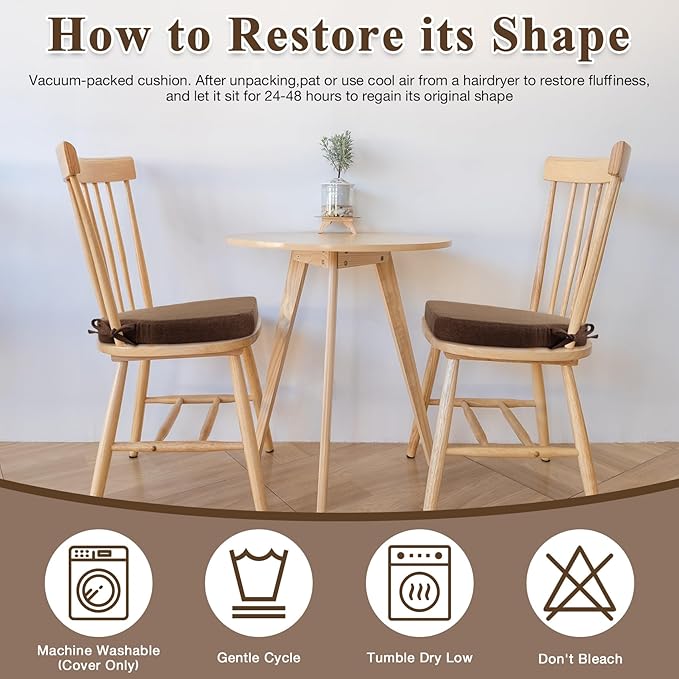 Brown Winsor Chair Cushions with Ties, Dining Kitchen Chair Seat Pads Non Slip Removable Washable Cover 17"x16" 2 Pack